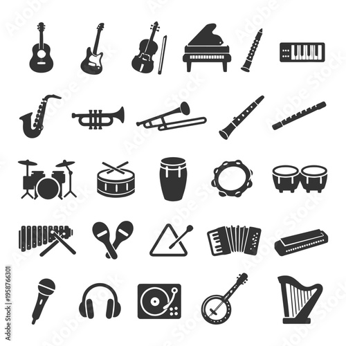 Silhouette icons of various musical instruments including piano, guitar, and drums.