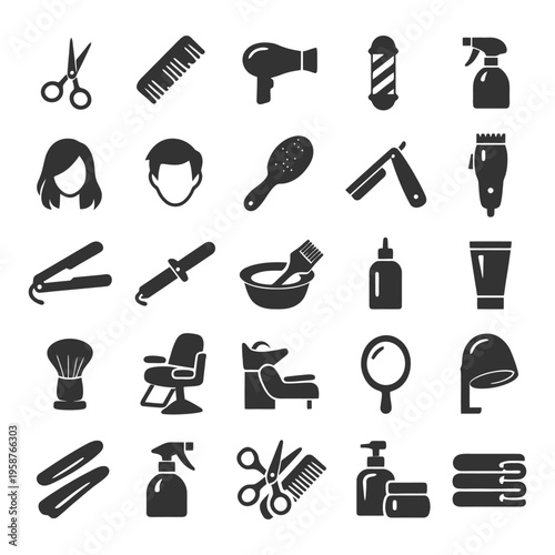 Barber shop icons: hair tools and salon equipment collection.
