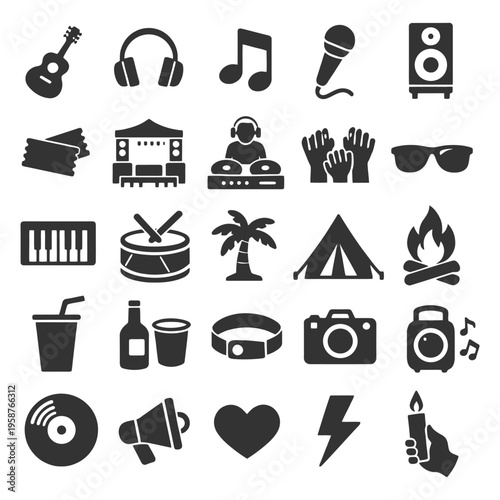 Music and leisure icons: instruments, technology, and outdoor activities.