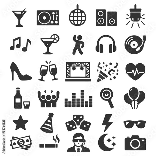 Party icons set featuring music, dance, drinks, and celebrations.