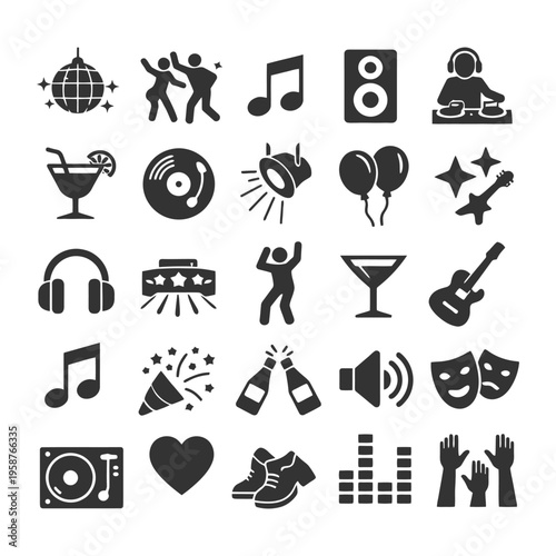 Party icons set: music, dance, drinks, dj, guitar, celebration symbols.