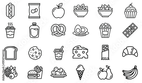 Collection of popular food and drink icons in a simple line art style for digital use with fast food