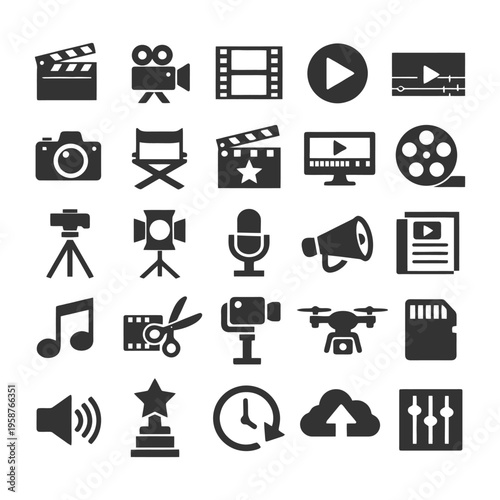 Set of 25 multimedia and film industry icons in black and white.