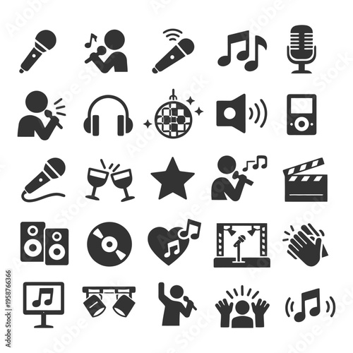 Music and entertainment icons: microphone, headphones, instrument, media in black icons set.