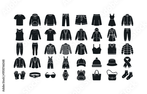 Collection of black clothing and accessory icons on a white background