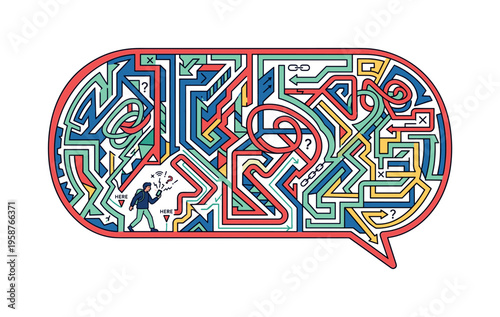 Man navigating a complex maze inside a speech bubble, searching for connection