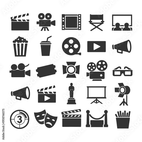 Cinema icons set: movie making, viewing, and entertainment elements.