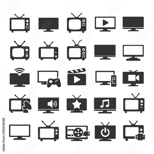 Set of retro and modern tv icons with multimedia elements.