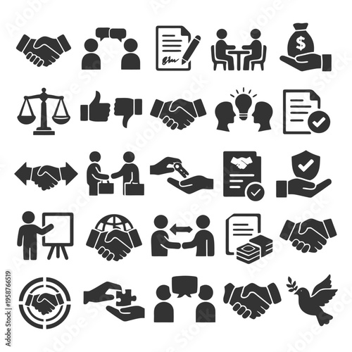 Business and communication icons collection featuring handshake, agreement, and innovation symbols.