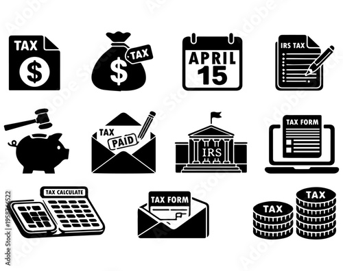Tax preparation icon set with 11 black vector elements, IRS filing and financial accounting symbols, tax return forms and money icons for business bookkeeping and annual audit reports