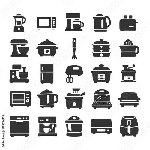 Collection of kitchen appliances icons: blender, microwave, mixer, toaster, kettle, cooker.