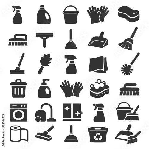 Collection of cleaning icons: tools and equipment for home maintenance.