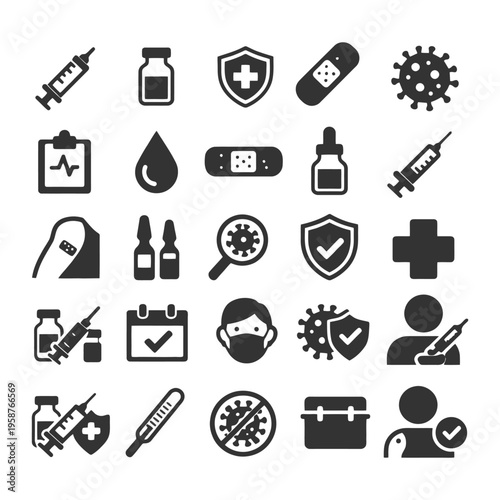 Healthcare and medical icons: syringe, vaccine, virus, medicine, protection, mask.