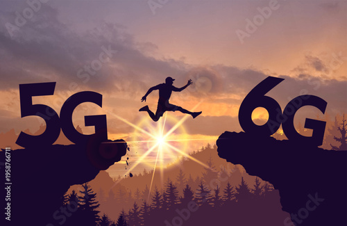 Concept of transition from 5G to 6G technology. Silhouette of man jumping between platforms symbolizing innovation and progress. Sunset with future network evolution, wireless communication concept.