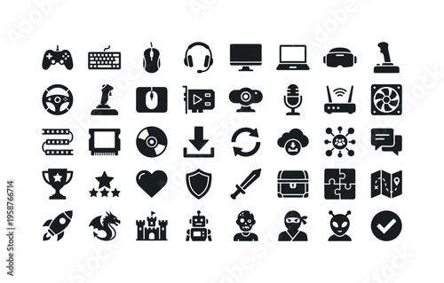 Collection of gaming and technology icons for digital interfaces and applications
