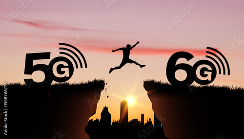 Concept of transition from 5G to 6G technology with silhouette of man jumping between platforms. Symbol of innovation and progress with sunset, future network evolution, wireless communication.
