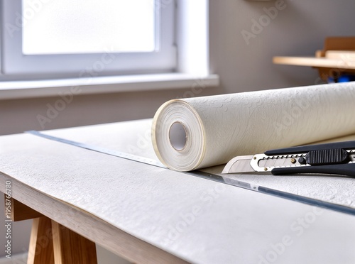 Roll of white non-woven wallpaper and utility knife on professional workbench