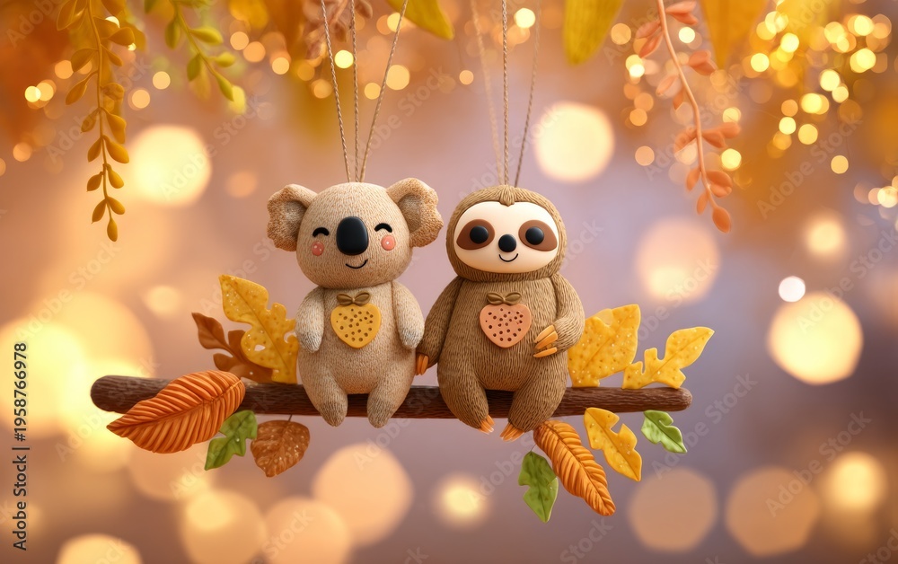Fototapeta premium Cute 3D Illustration of Koala and Sloth Hanging from a Branch in Autumn
