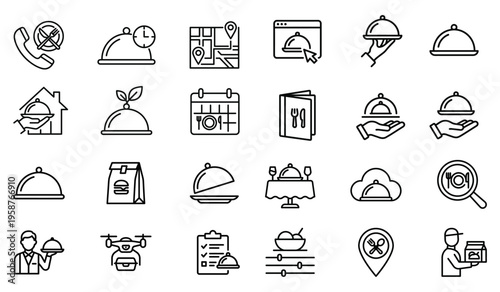 Restaurant and dining service icons including food delivery, reservations, and gourmet meals, food bag