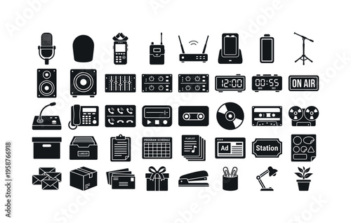 Collection of audio and office equipment icons for broadcasting and recording
