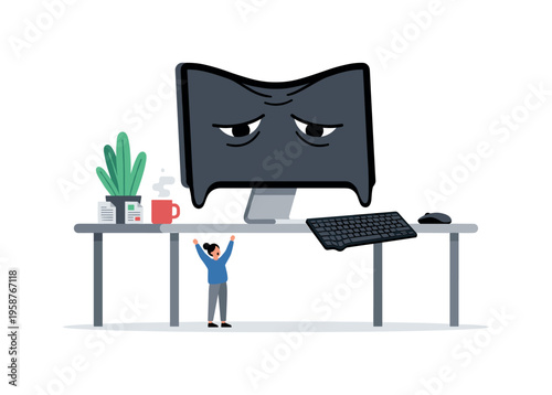 Overwhelmed office worker struggling under the weight of a giant, melting computer screen