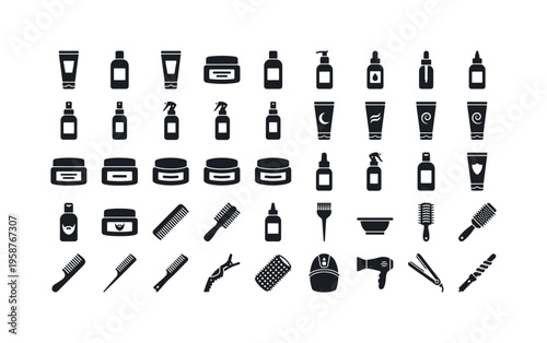 Collection of diverse hair care and styling product icons