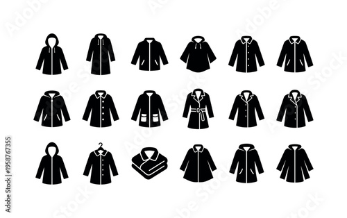 Collection of black outerwear icons showcasing diverse jacket and coat styles