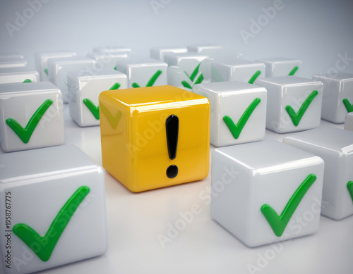 Yellow warning block with centered white checkmarks, one caution cube among approved ones, highlighting focus, contrast, attention, and exception.