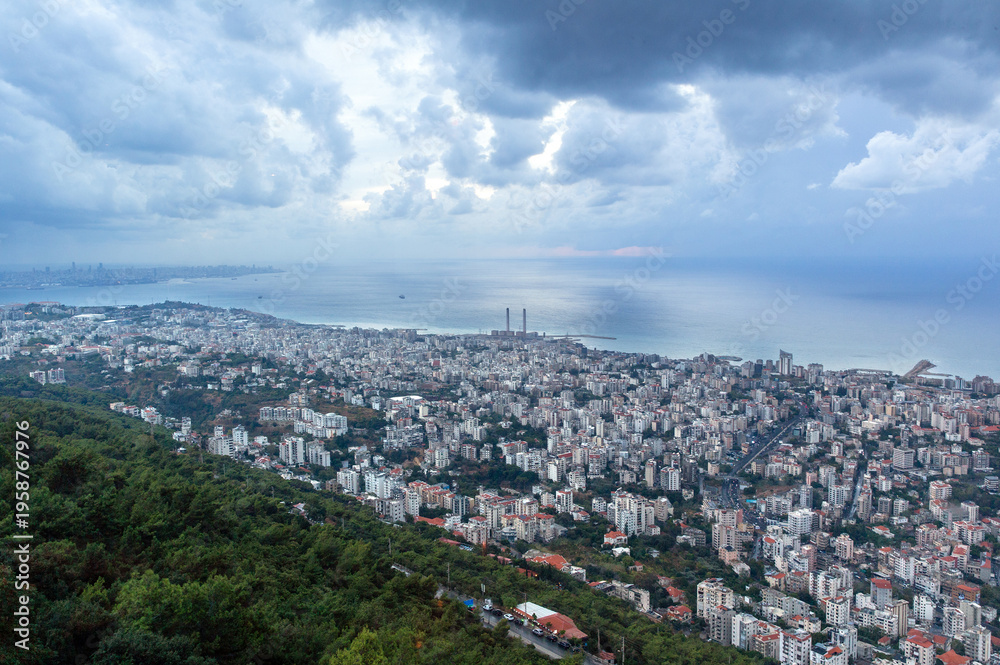 Fototapeta premium Sea storm or cyclone is approaching the capital Beirut. View from above. Republic of Lebanon