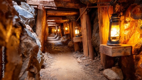 Illuminated Narrow Rocky Passage in a Tin Mine with Vintage Lanterns