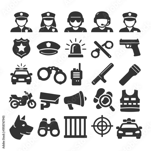 Various police equipment and officer icons featuring uniforms and accessories.