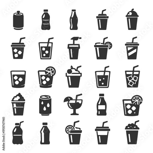 Collection of beverage icons featuring various containers and drinks.