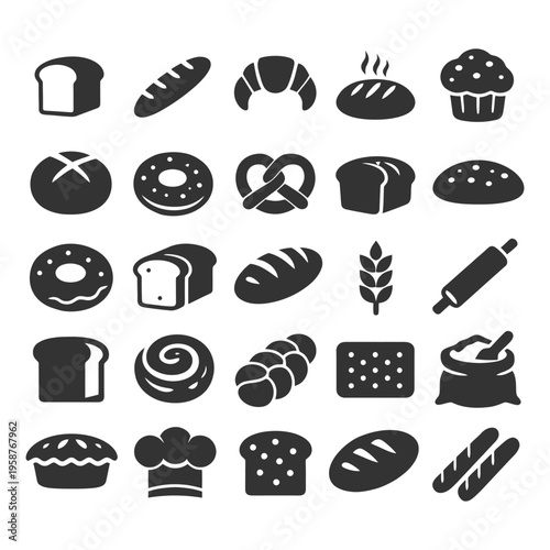 Assorted bakery icons: bread, croissant, doughnut, pretzel, rolling pin, chef hat.