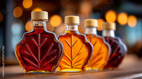 Assorted maple syrup bottles in leaf-shaped containers on wooden table  