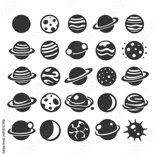 Set of space and planet icons: diverse orbital designs and lunar phases.