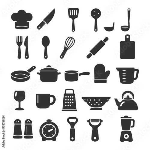 Collection of kitchen utensils and appliances silhouettes.