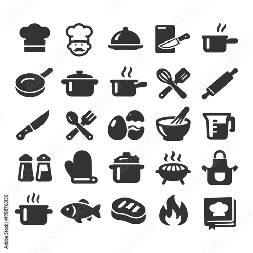 Culinary icons set: utensils, cookware, ingredients, chef hat, grill, fire.
