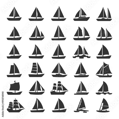 Collection of various sailboat silhouettes on white background.