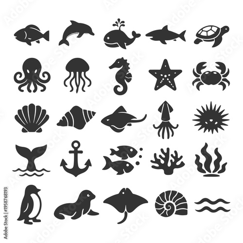 Aquatic marine life icons: fish, dolphin, octopus, seahorse, turtle, starfish, coral.