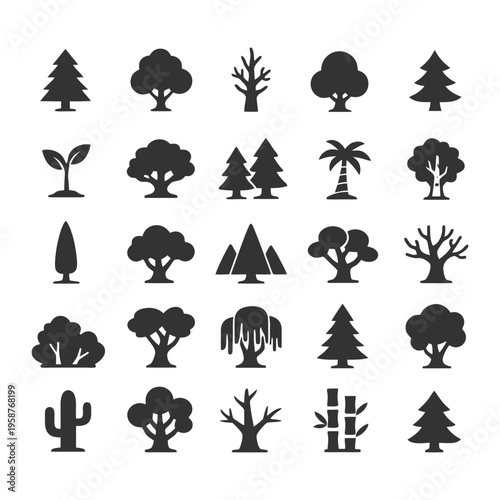 Silhouette icons of diverse tree and plant varieties.