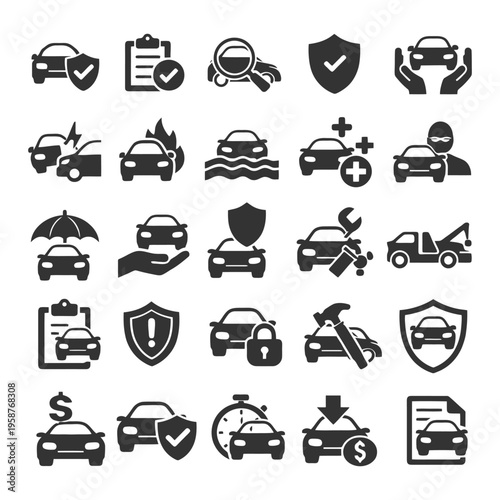 Comprehensive car insurance icons set featuring safety and protection symbols.