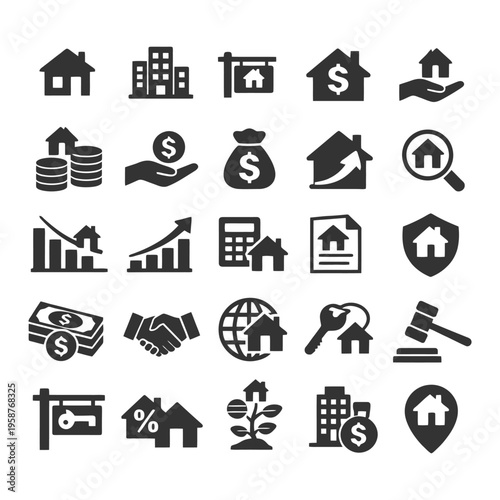 Real estate and financial growth icons set featuring homes and investment.