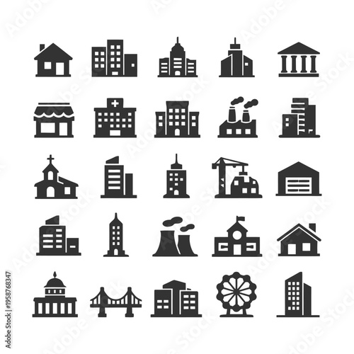 Set of iconic buildings: homes, factories, landmarks, and more.