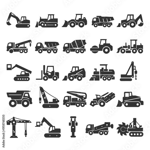 Illustration of various construction vehicles and equipment icons in silhouette.