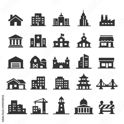 Various iconic building silhouettes including church bridge lighthouse farm and factory.