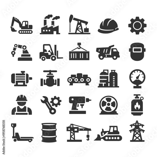 Industrial icon set: machinery, equipment, tools, construction, energy.