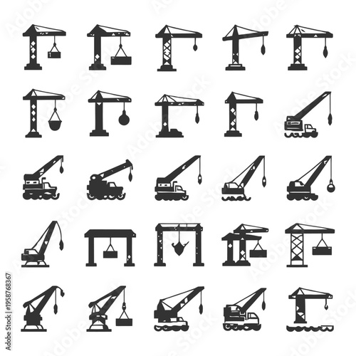 Collection of various crane icons illustrating construction equipment.