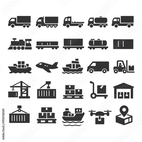 Transportation and logistics icons set featuring various vehicles and shipping methods.