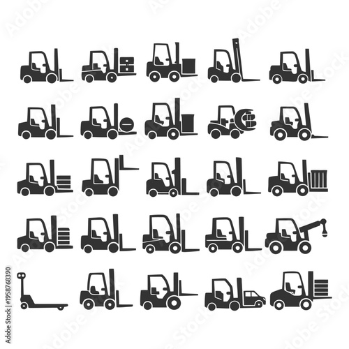 Set of 20 diverse forklift icon variations in silhouette style.