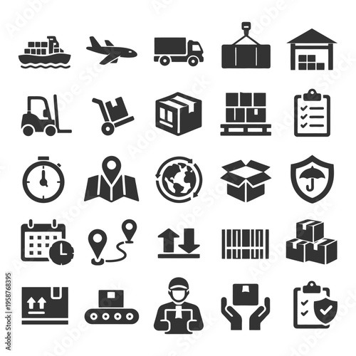 Shipping and logistics icons collection: transport, delivery, and warehouse symbols.